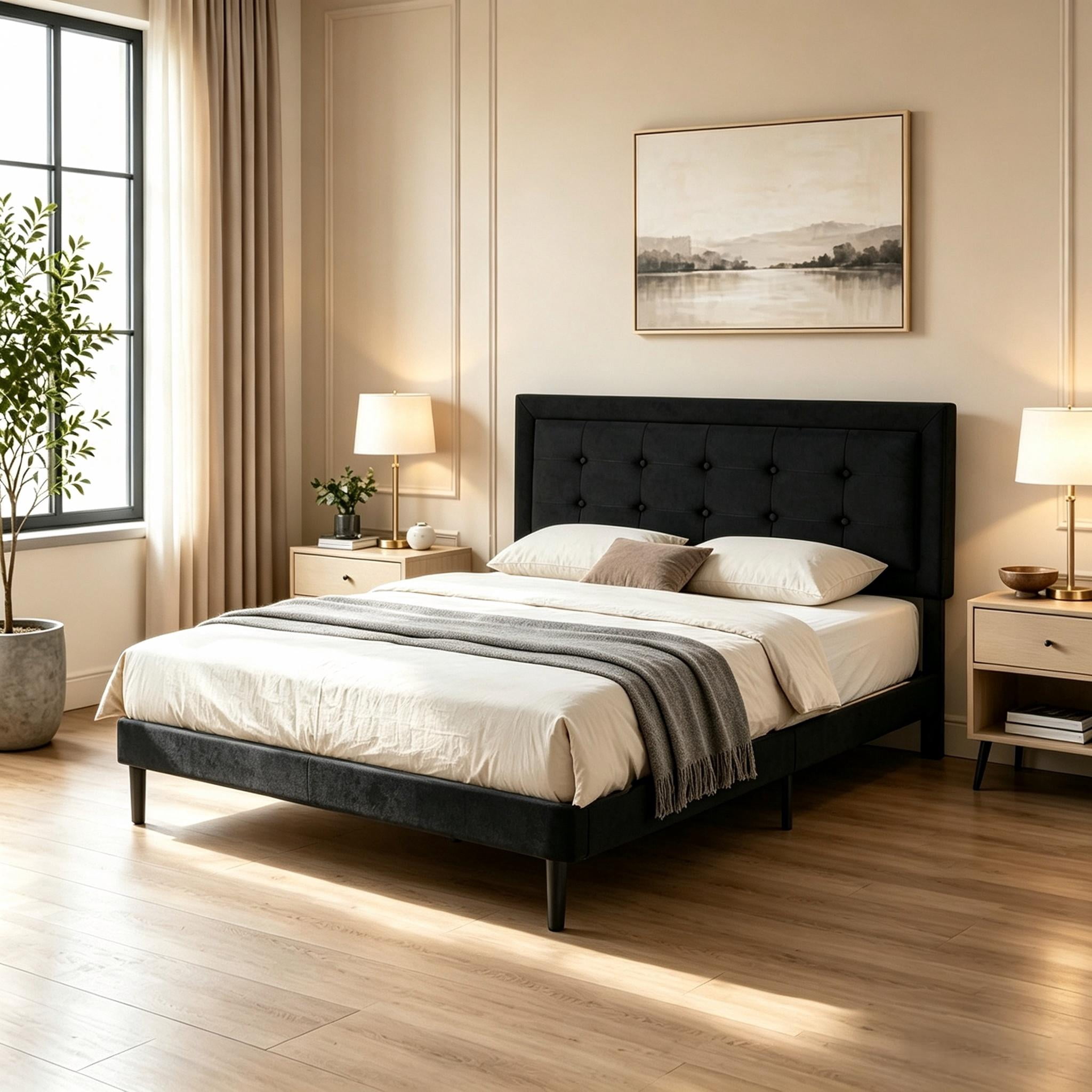 Gewnee Full Size Platform Bed Frame, Velvet Square Tufted Upholstered Headboard, Wood Slats with Center Support Leg, Easy Assembly, Bedroom Furniture, Black