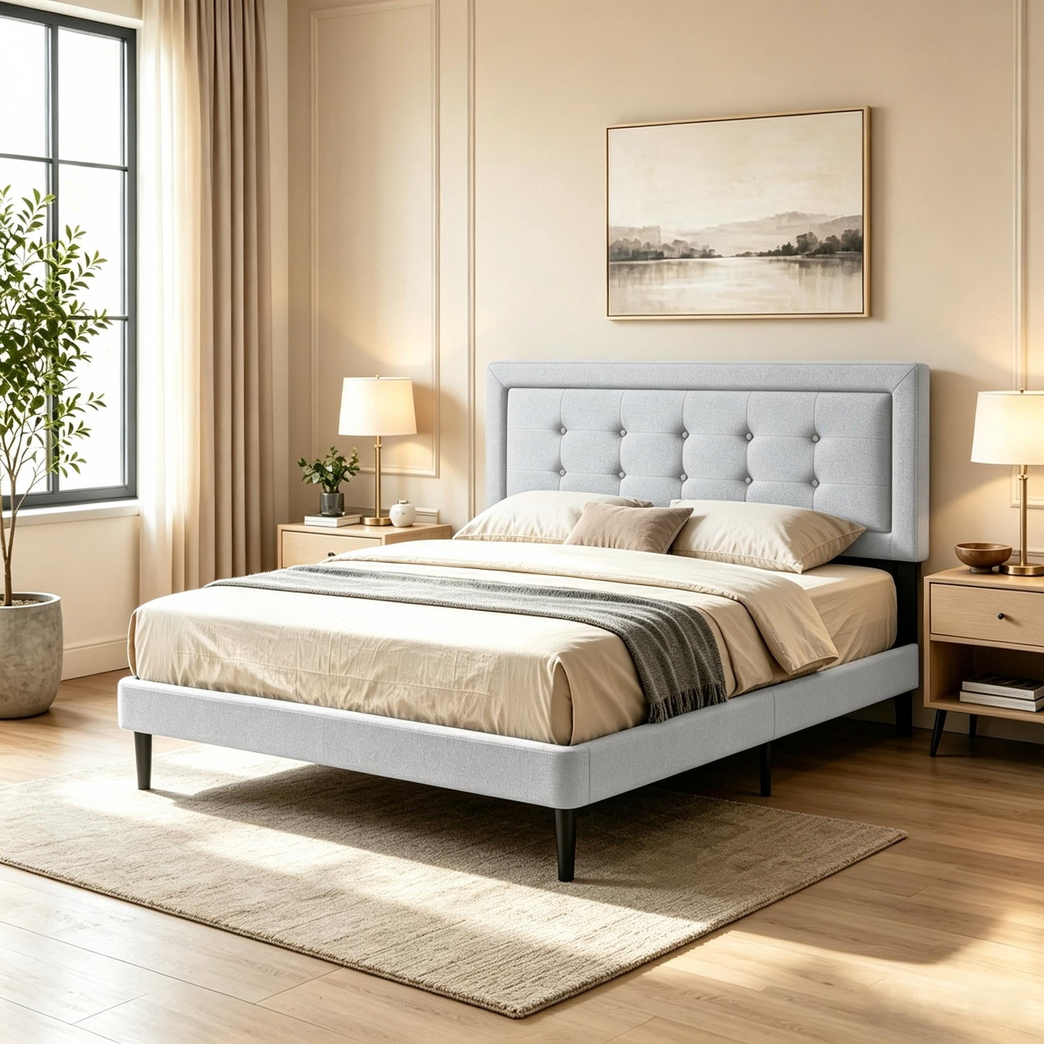 Gewnee Full Size Platform Bed Frame, Velvet Square Tufted Upholstered Headboard, Wood Slats with Center Support Leg, Easy Assembly, Bedroom Furniture, Light Gray