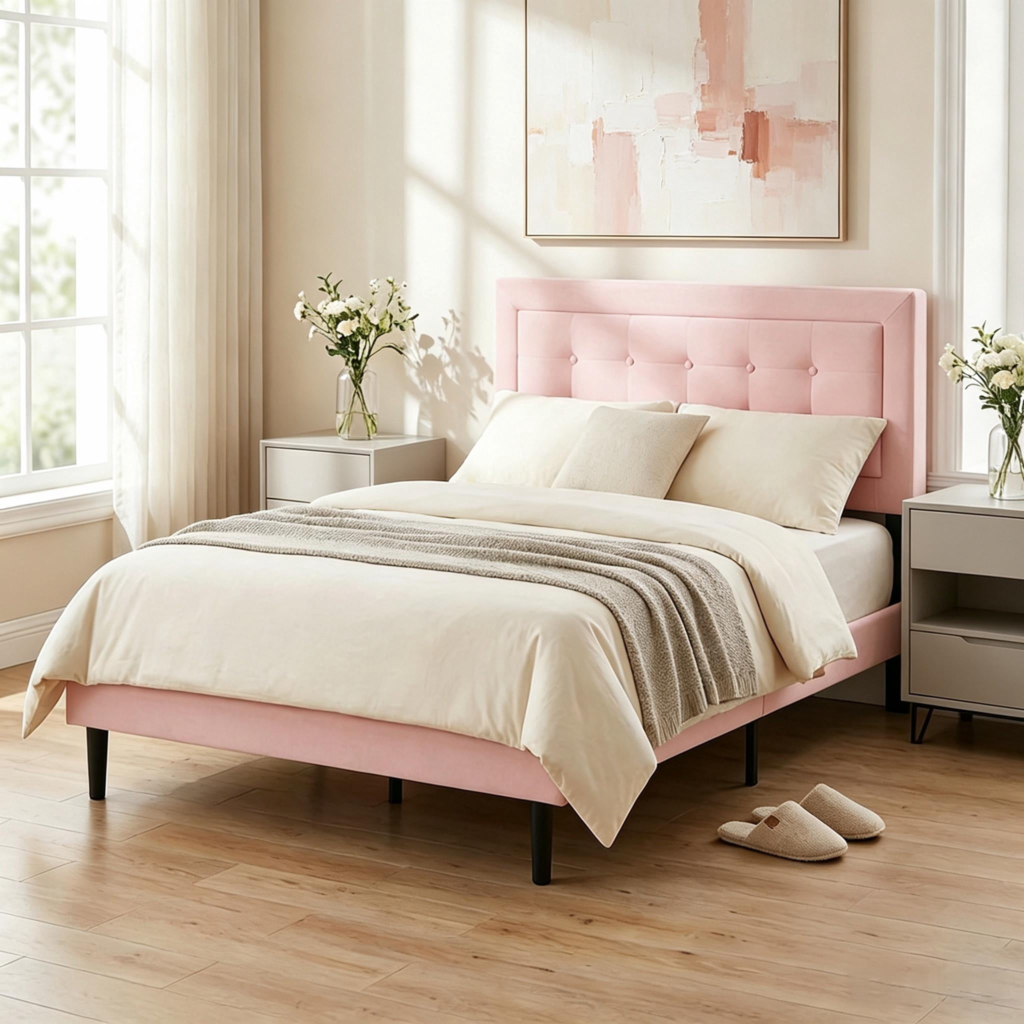 Gewnee Full Size Platform Bed Frame, Velvet Square Tufted Upholstered Headboard, Wood Slats with Center Support Leg, Easy Assembly, Bedroom Furniture, Pink