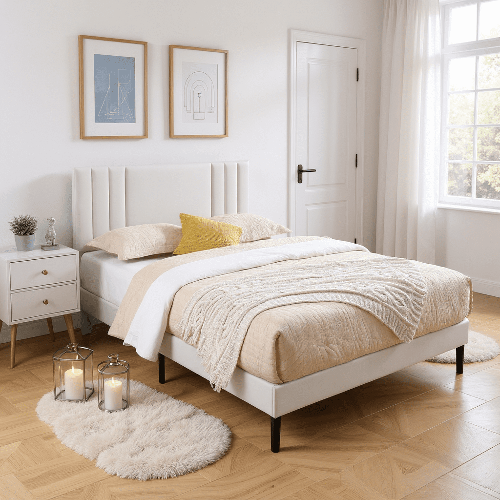 Gewnee Full Size Platform Bed Frame with Adjustable Upholstered Headboard - Sturdy Wood Slats Support,Waterproof PU Leather,Easy Assembly，White
