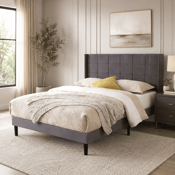 Gewnee Full Size Platform Bed Frame with Linen Upholstered Tufted Headboard and Wood Slats for Bedroom, No Box Spring Needed, Dark Grey