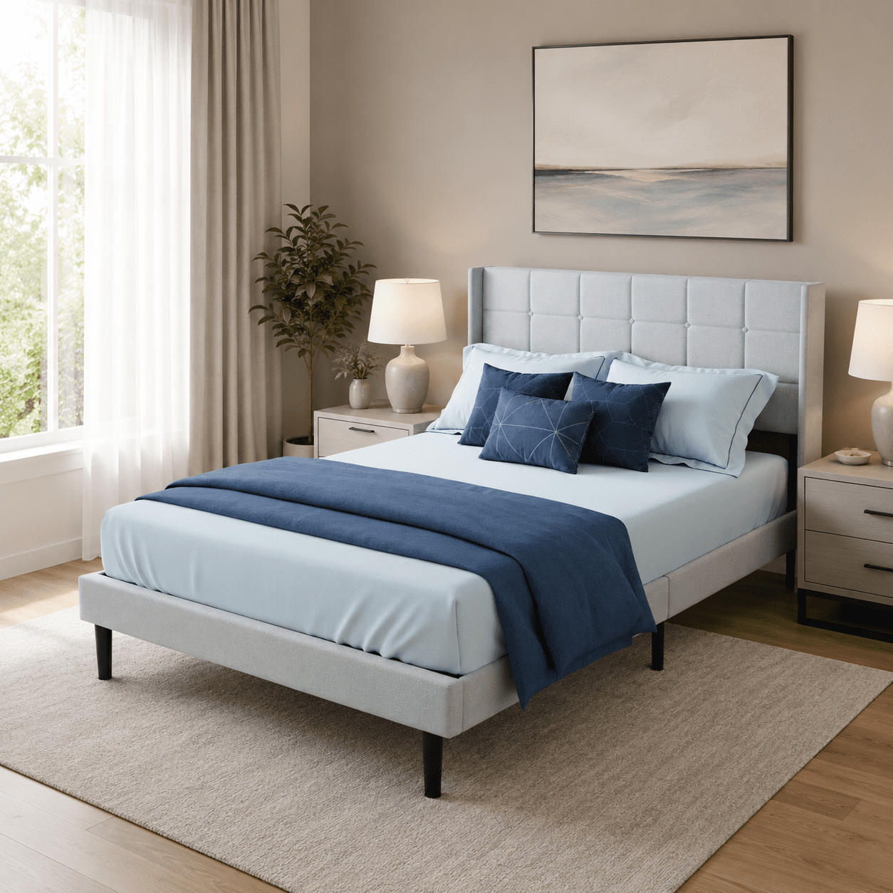 Gewnee Full Size Platform Bed Frame with Linen Upholstered Tufted Headboard and Wood Slats for Bedroom, No Box Spring Needed,Light Grey