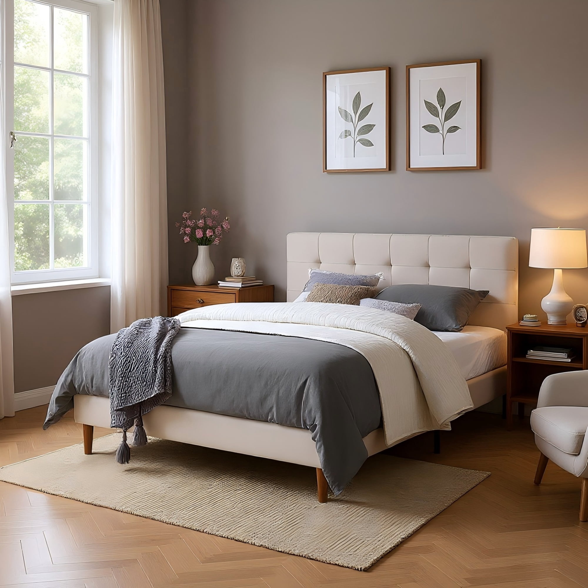 Gewnee Full Size Platform Bed Frame with Upholstered Headboard and Wood Slats Support.No Box Spring Required（Beige）