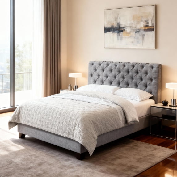 Gewnee Full Size Platform Bed Frame with Upholstered Linen Headboard - Wood Slat Support,Sturdy Construction.Box Spring Required.Grey