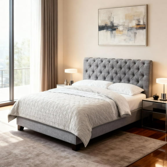 Gewnee Full Size Platform Bed Frame with Upholstered Linen Headboard - Wood Slat Support,Sturdy Construction.Box Spring Required.Grey