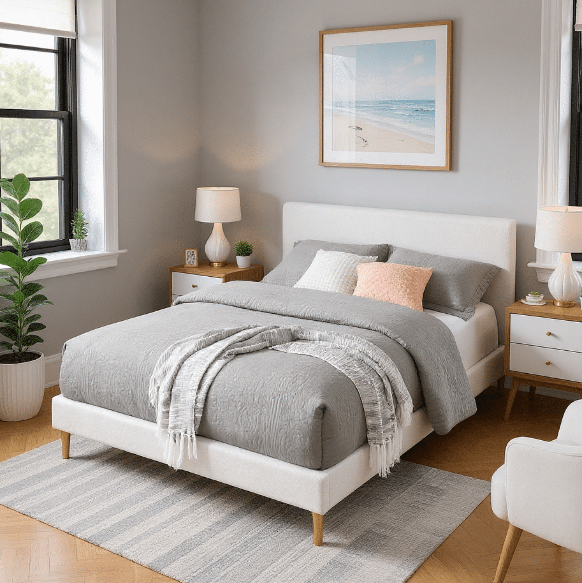 Gewnee Full Size Platform Bed Frame with Upholstered Teddy Velvet Headboard, Sturdy Wood Slats Support & Center Leg,No Box Spring Required