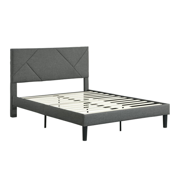 Gewnee Full Size Platform Bed with Geometric Upholstered Headboard,Wood Slats Support,Grey
