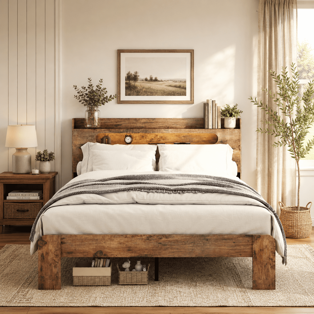 Gewnee Full Size Solid Wood Platform Bed Frame, Storage Headboard with LED Lights & 2 USB Ports, Noise-Free, No Box Spring Required, Easy to Assemble, Large Underbed Storage, Dark Brown