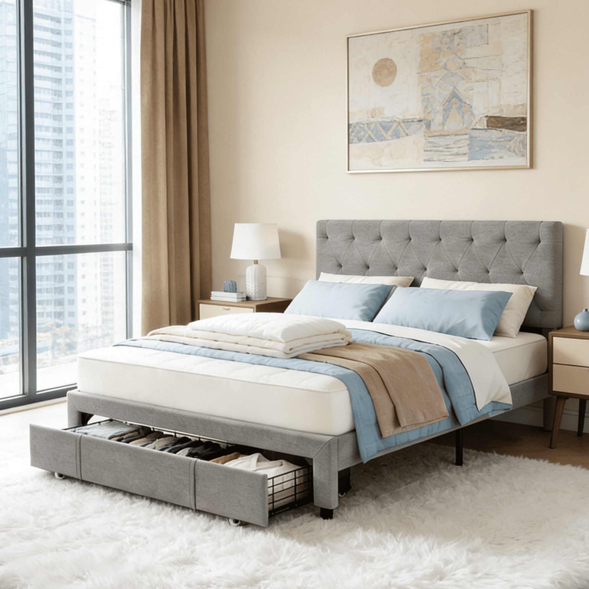 Gewnee Full Size Storage Bed Frame with Drawers,Tufted Button Headboard,Sturdy Wood Slats,Under-Bed Storage & Adjustable Headboard for 6-12 Inch Mattress,No Box Spring Needed.Dark Grey