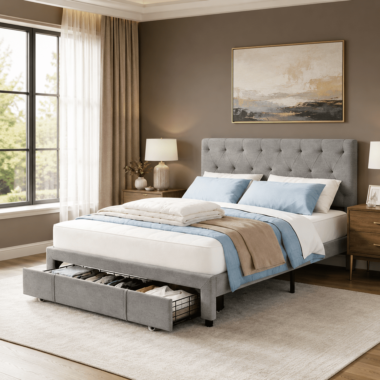 Gewnee Full Size Storage Bed Frame with Drawer, Tufted Headboard, Wood Slats, No Box Spring Needed for Bedroom, Dark Grey