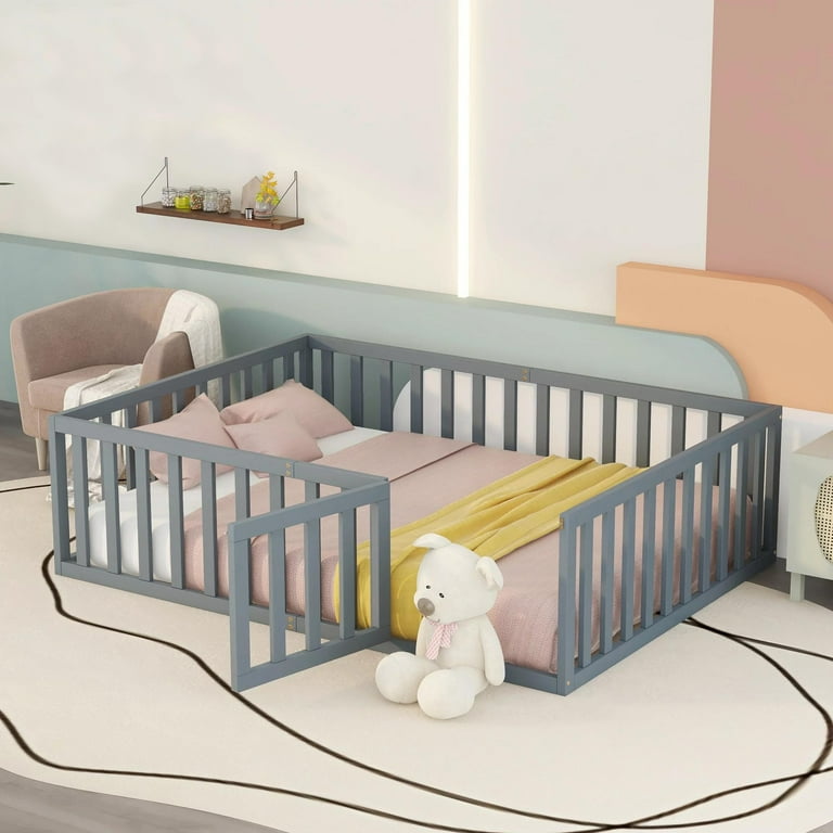Gewnee Full Size Toddler Floor Bed Pine Wood Kids Floor Bed Frame with Fence and Door Gray Walmart