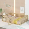 thumbnail image 1 of Gewnee Full Size Toddler Floor Bed,Pine Wood Kids Floor Bed Frame with Fence and Door,Natural, 1 of 8