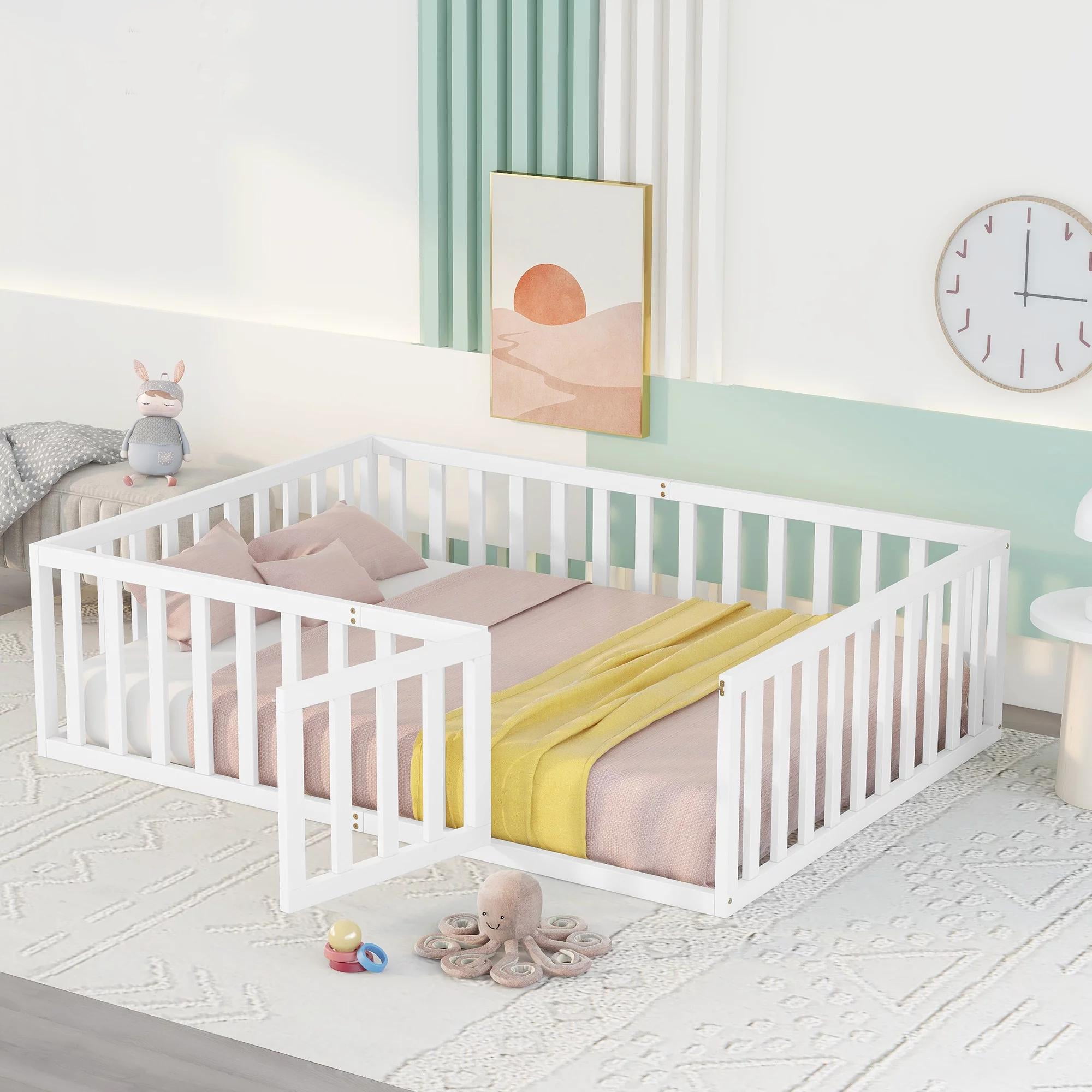 Gewnee Full Size Toddler Floor Bed,Pine Wood Kids Floor Bed Frame with