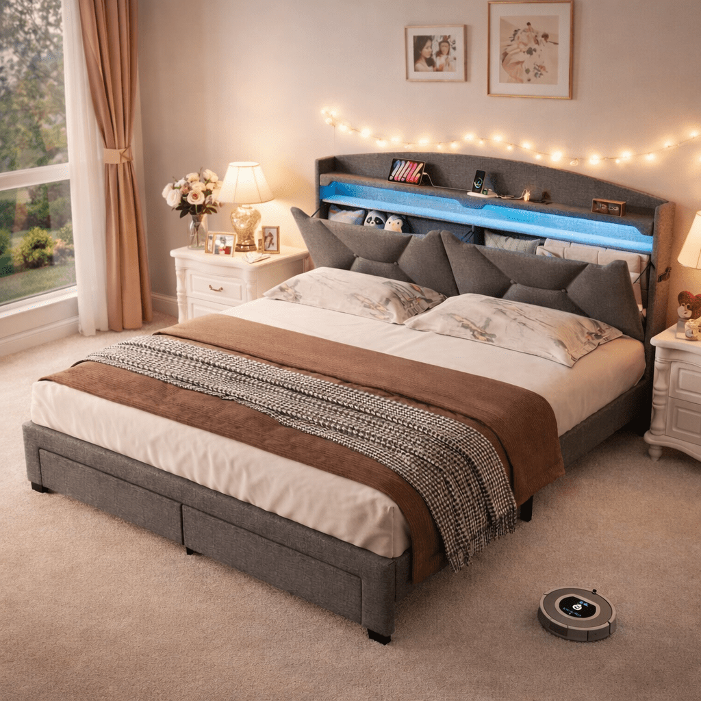 Gewnee Full Size Upholstered Linen Bed Frame with Storage Headboard, 2 Drawers & Charging Station, No Box Spring Needed, Grey