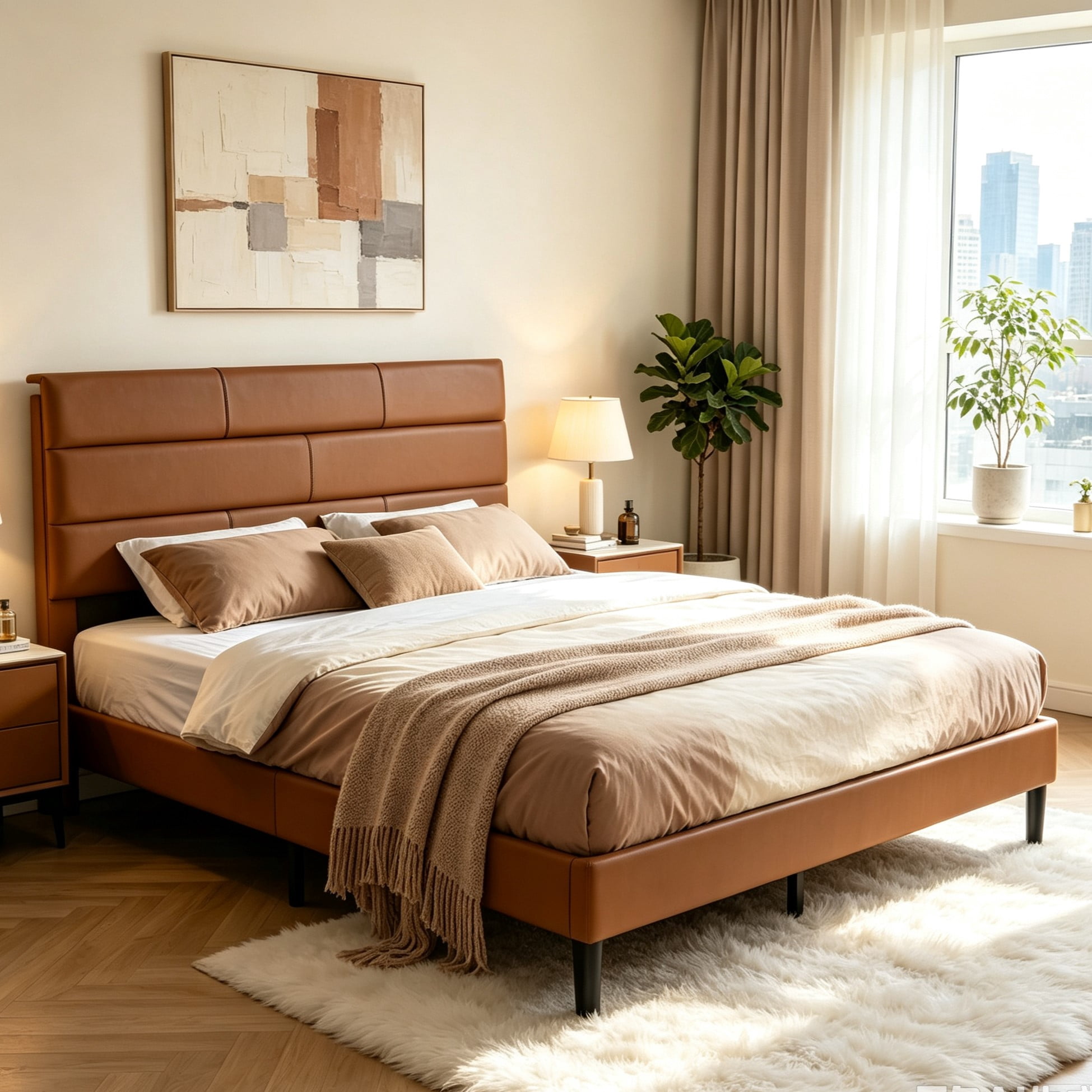 Gewnee Full Size Bed Frame,Upholstered Platform Bed Frame with PU Headboard,Wood Platform Bed,No Box Spring.Brown