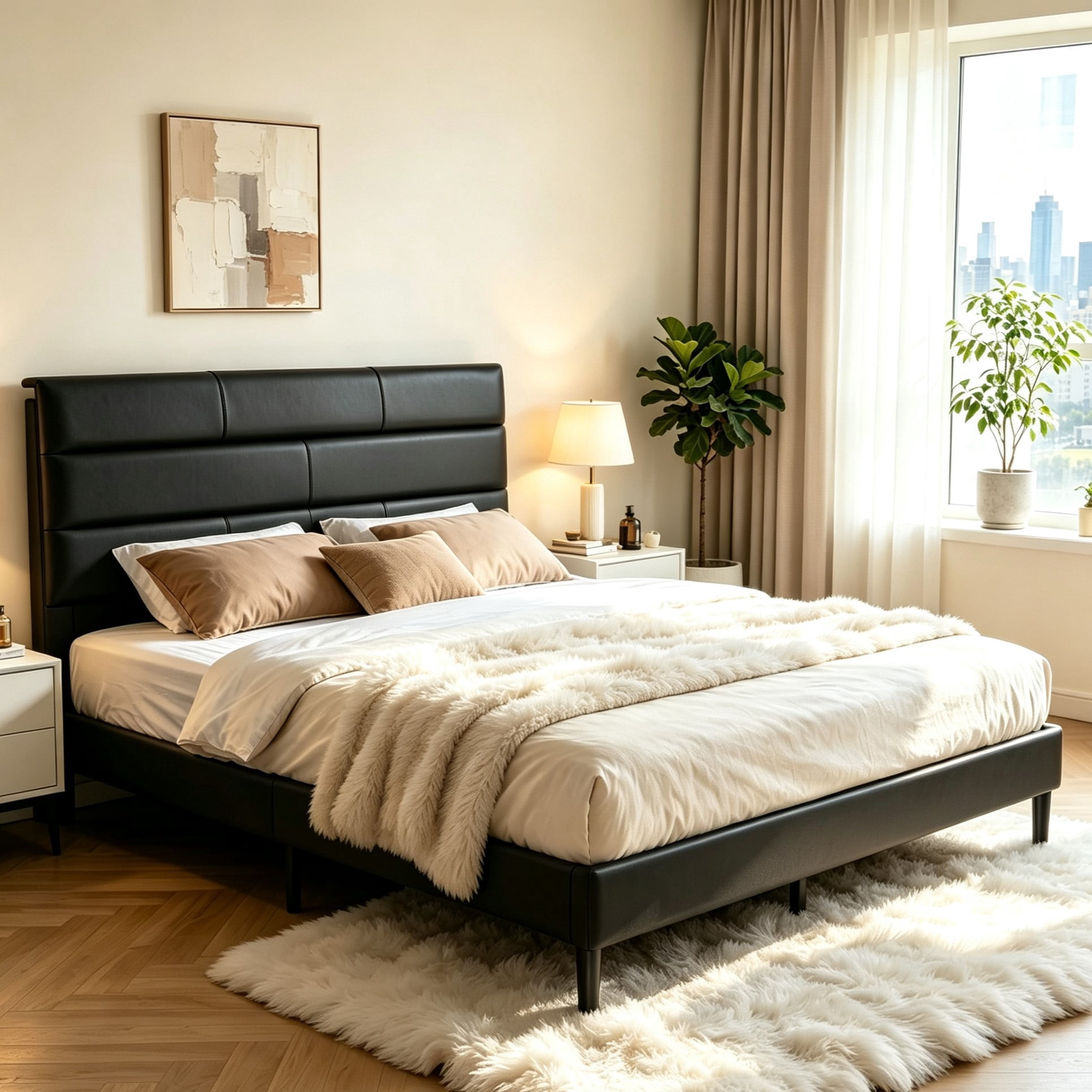 Gewnee Full Size Bed Frame,Upholstered Platform Bed Frame with PU Headboard,Wood Platform Bed,No Box Spring.Black