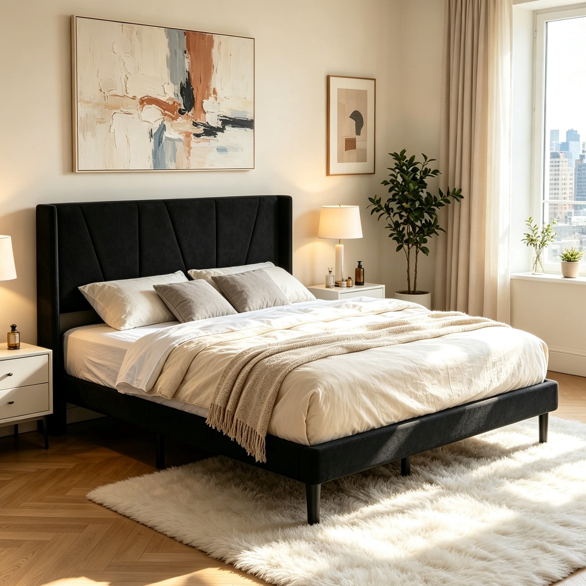 Gewnee Full Size Bed Frame,Velvet Upholstery Platform Bed with Headboard,No Box Spring Needed,Black