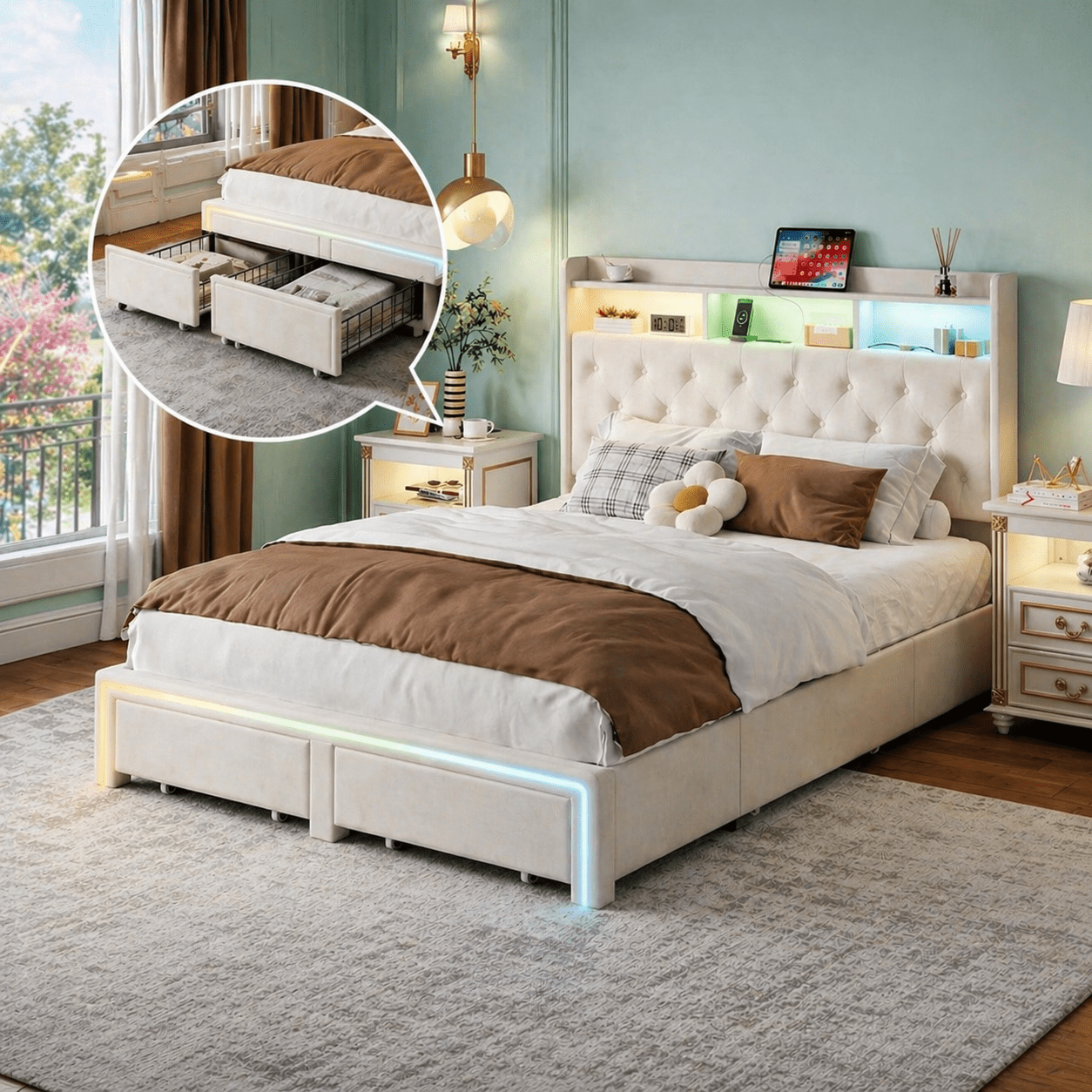 Gewnee Full Size Velvet Upholstered Platform Bed Frame with RGB LED Lights, Charging Station, Storage Drawers, for Bedrooms & Guest Rooms