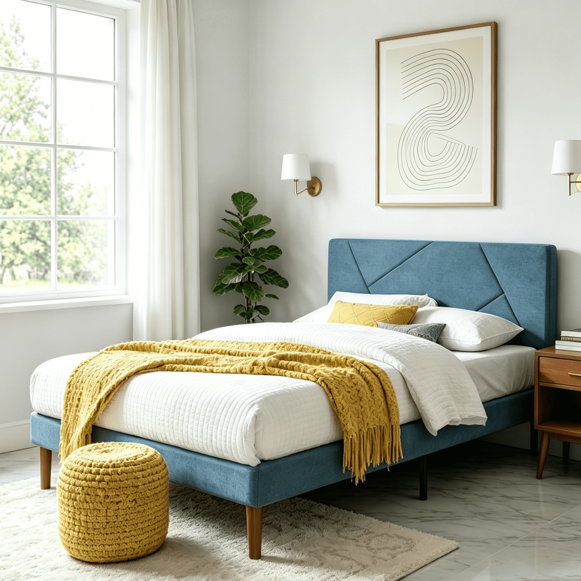 Gewnee Full Size Velvet Upholstered Platform Bed Frame with Tufted Headboard & Wood Slats, Blue for Bedroom