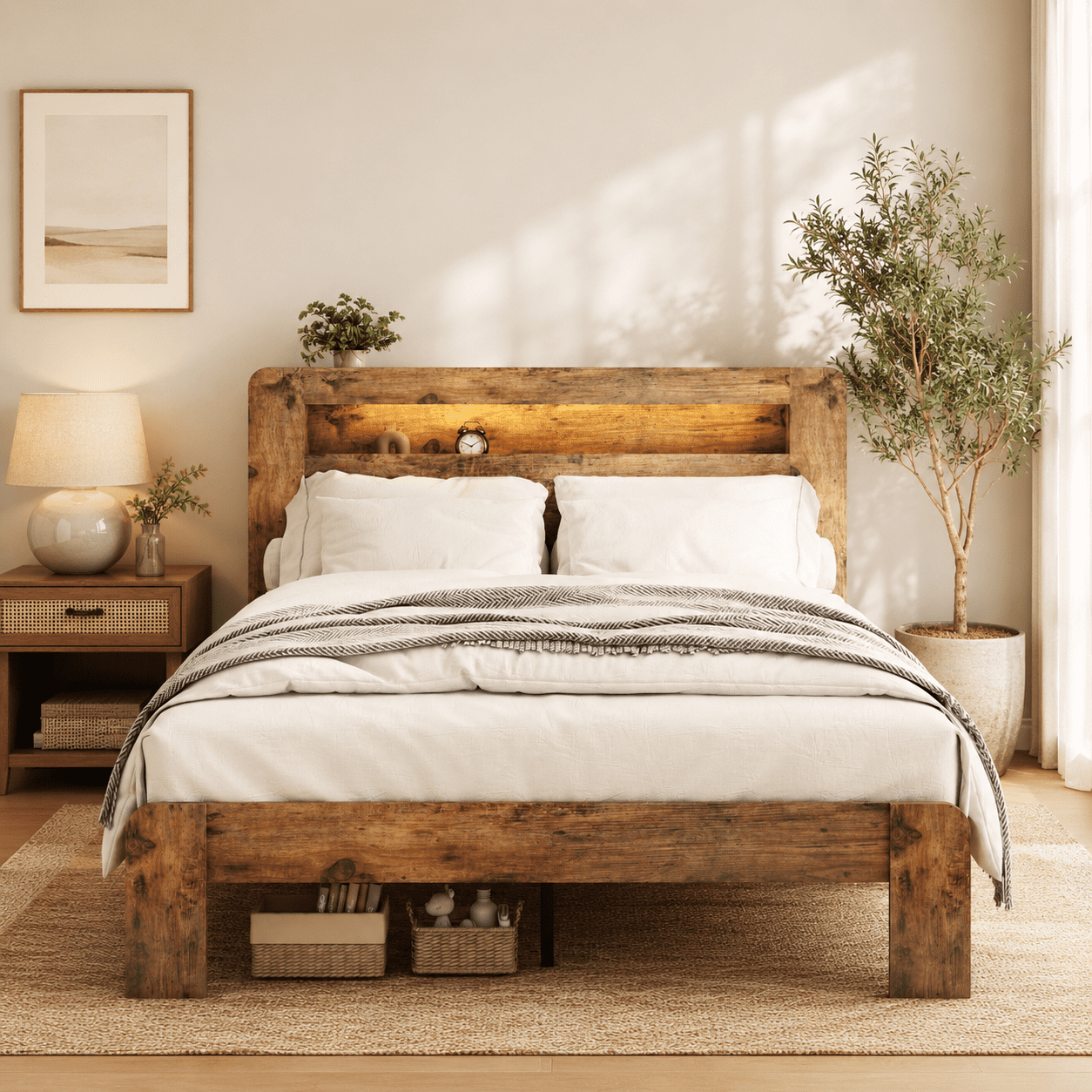 Gewnee Full Size Wood Platform Bed Frame with LED Storage Headboard, No Box Spring Needed, Dark Brown