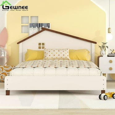 Gewnee Full Size Wood Platform Bed,Kids Platform Bed Frame with House Shaped Headboard,Cream