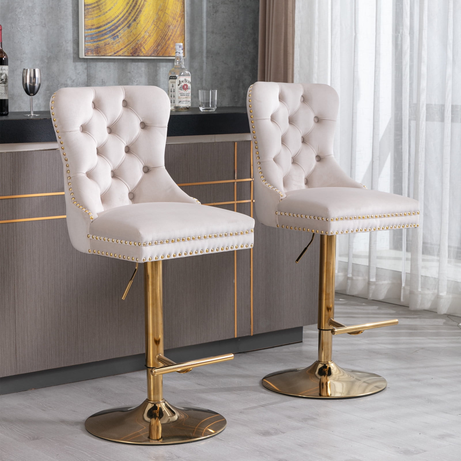 Gewnee Premium Light Gray Velvet Bar Stool: White Back, Gold Metal Frame & Footrest, Button Trim, Modern Luxury Home Essential