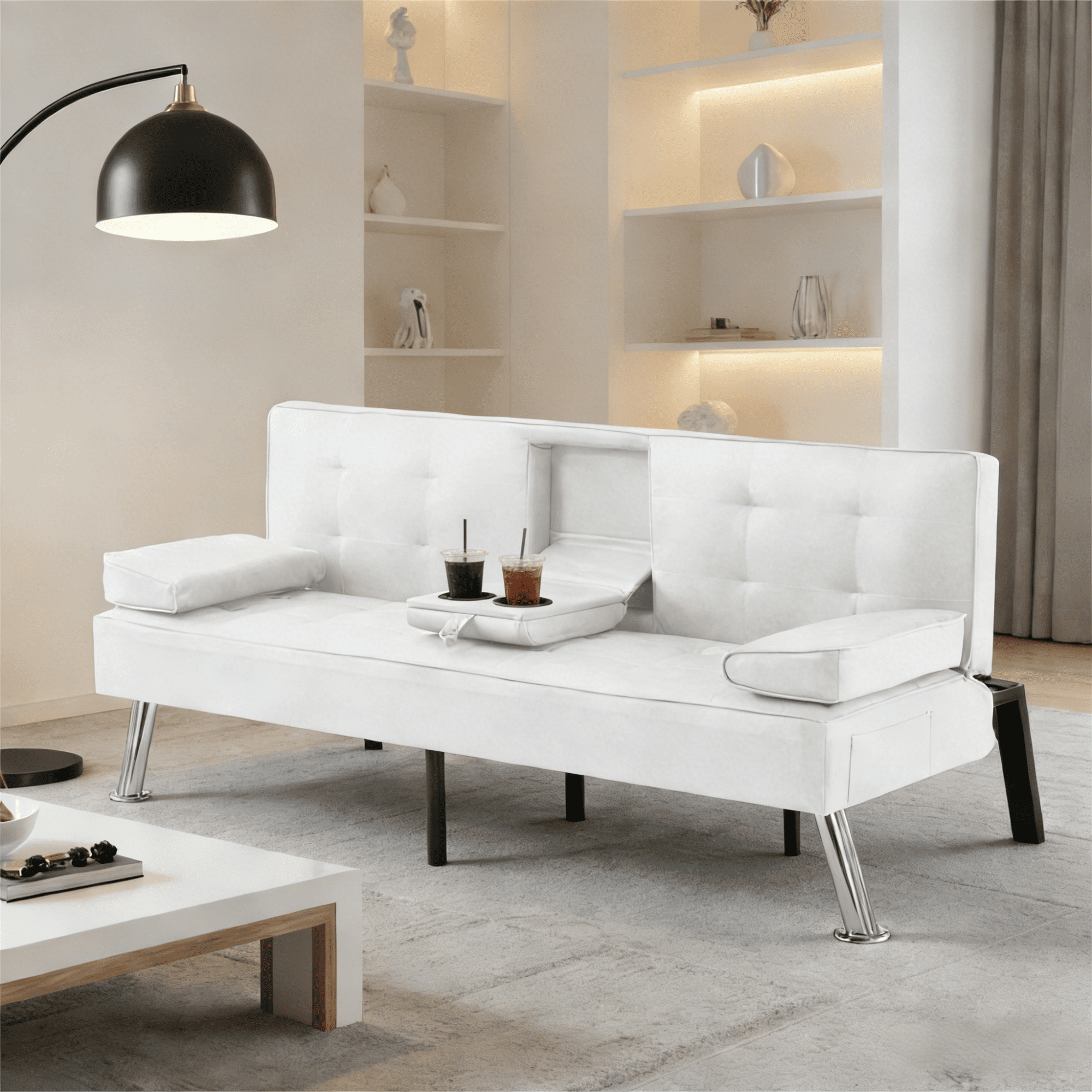 Gewnee Futon Sleeper Sofa Bed Modern PU Couch Convertible Folding Recliner Living Room Furniture with 2 Cup Holders for Guest Room,Living Room.White