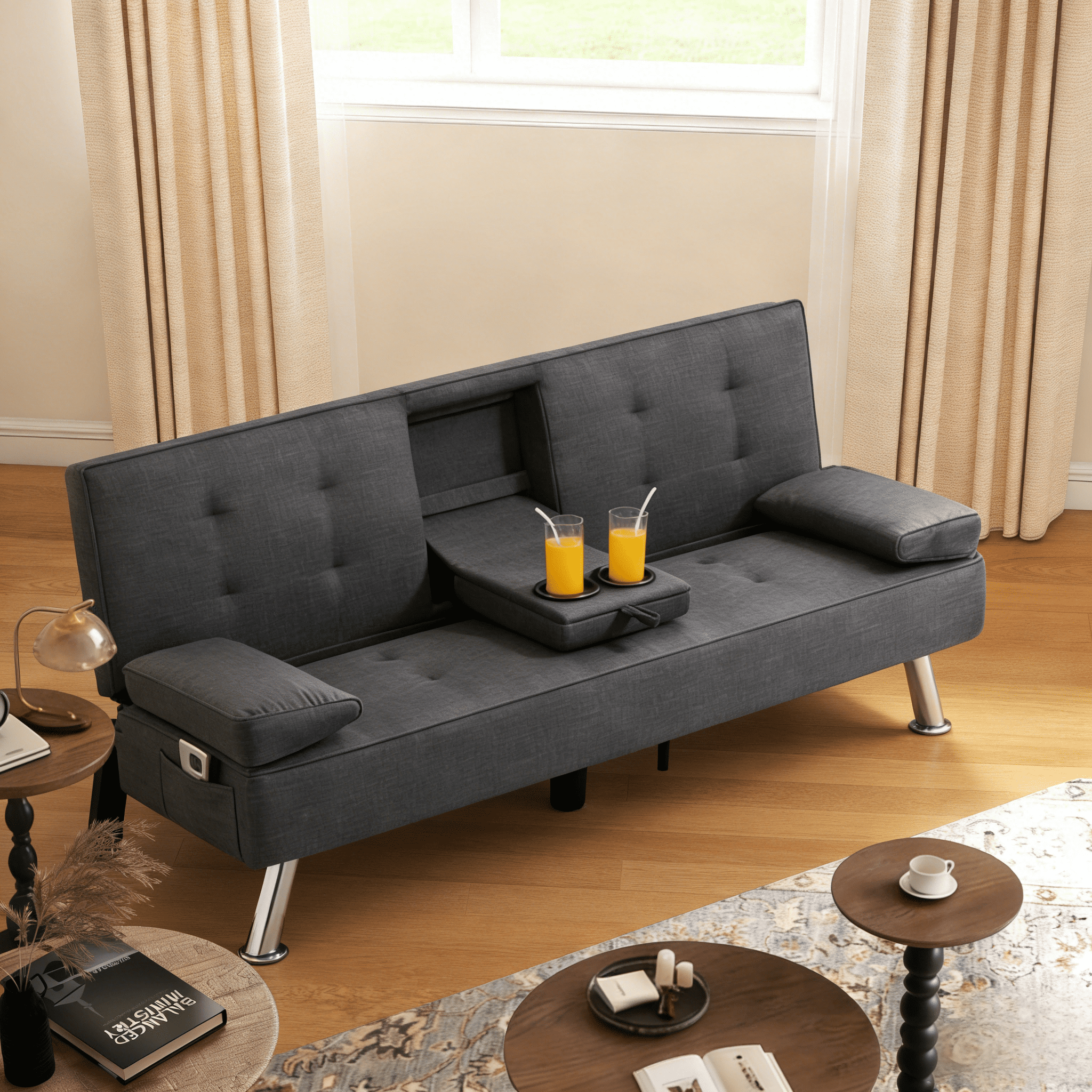 Gewnee 65.35" Futon Sofa Bed Metal Frame 5 Adjustable Positions Cup Holders Storage Pocket Office Apartment Dark Grey