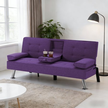 Gewnee Futon Sleeper Sofa Bed Modern Polyester Couch Convertible Folding Recliner Furniture with 2 Cup Holders for Guest Room,Living Room.Purple