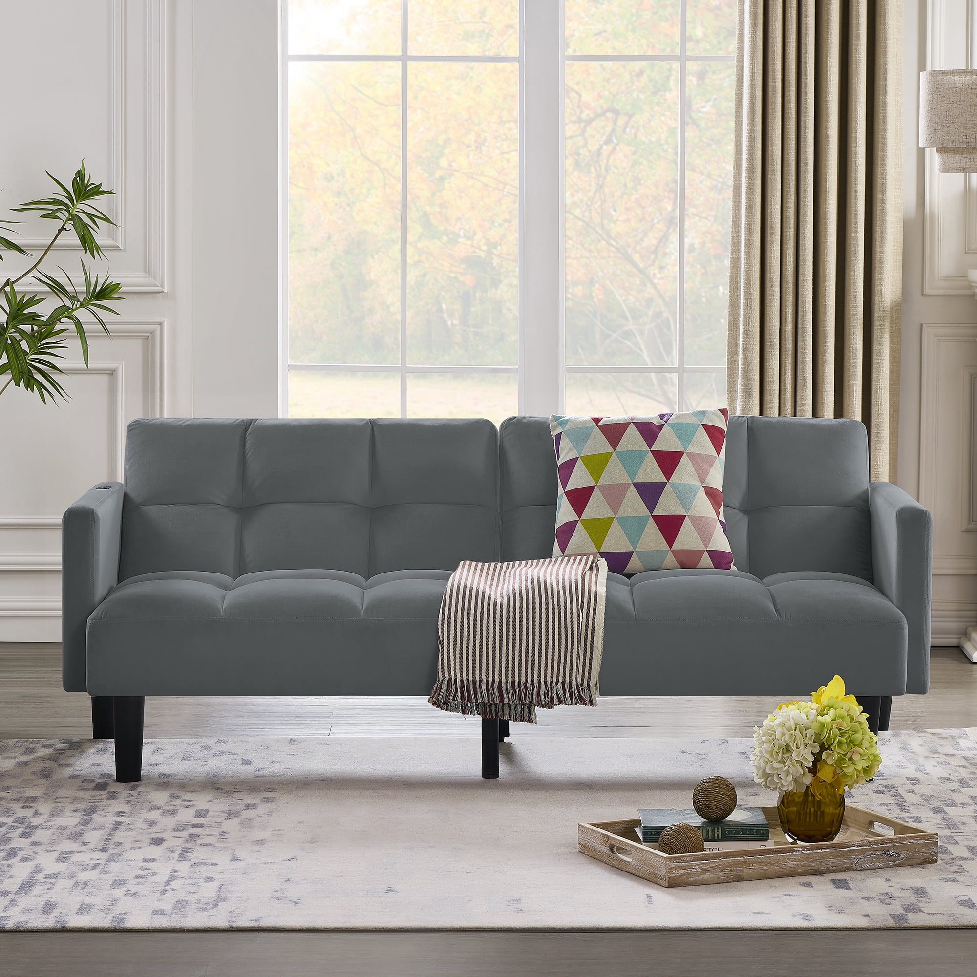 Gewnee Futon Sofa Bed, 2-Seat Velvet Convertible Couch with Position Adjustable Back, Ideal for Small Apartments, Living Rooms, Guest Bedrooms & Dorm Rooms，Gray