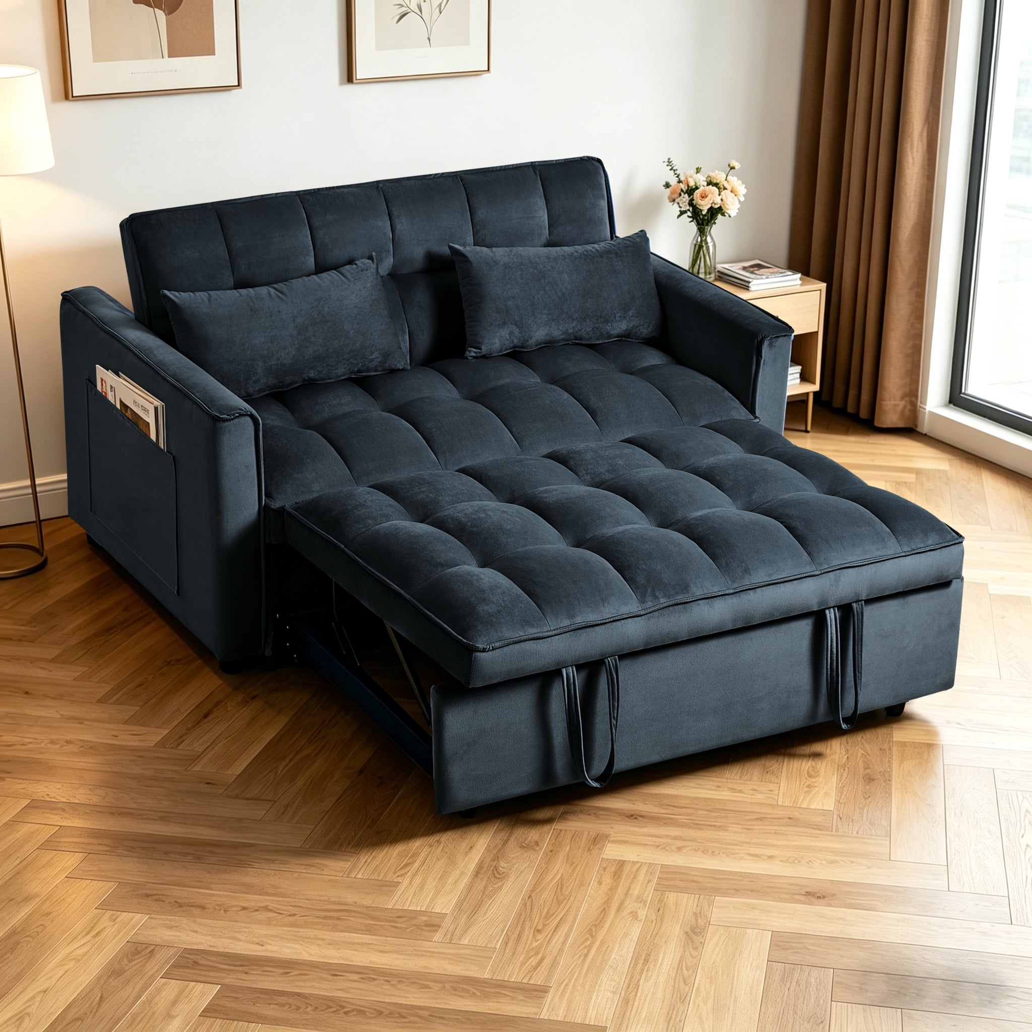 Gewnee Futon Sofa Bed - 52.75" Convertible Sleeper, 3-Mode Adjustable Back, Velvet Upholstery & Side Pockets - Small Space Use (Black)