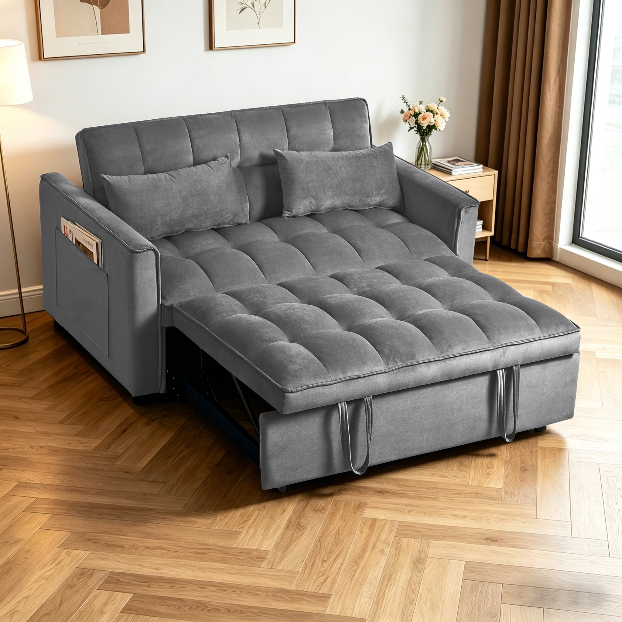 Gewnee Futon Sofa Bed - 52.75" Convertible Sleeper, 3-Mode Adjustable Back, Velvet Upholstery & Side Pockets - Small Space Use (Dark Grey)