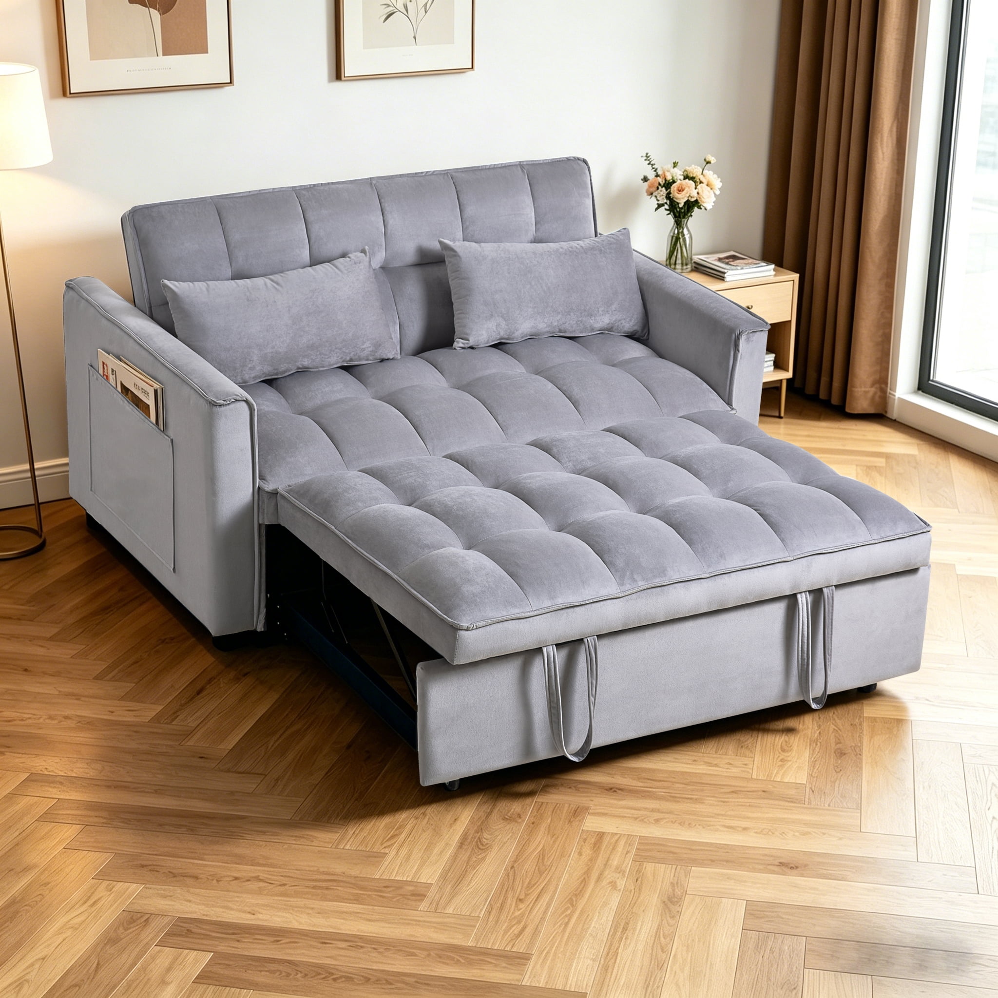 Gewnee Futon Sofa Bed - 52.75" Convertible Sleeper, 3-Mode Adjustable Back, Velvet Upholstery & Side Pockets - Small Space Use (Light Grey)