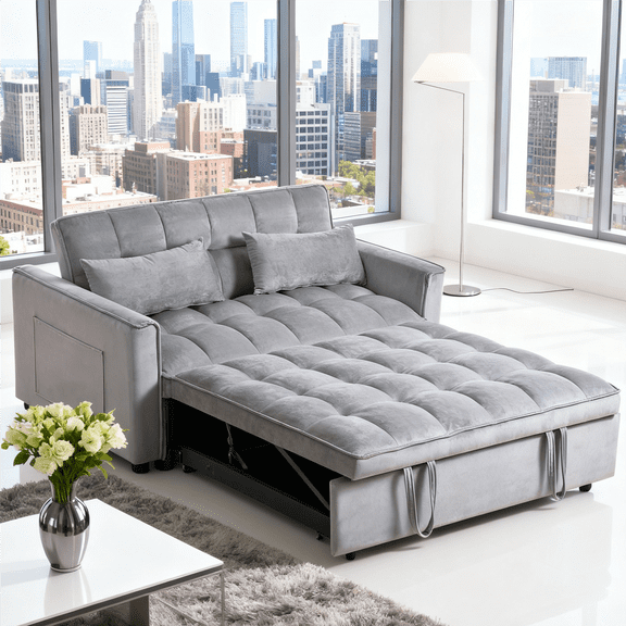 Gewnee Futon Sofa Bed - 52.75" Convertible Sleeper, 3-Mode Adjustable Back, Velvet Upholstery & Side Pockets - Small Space Use (Light Grey)