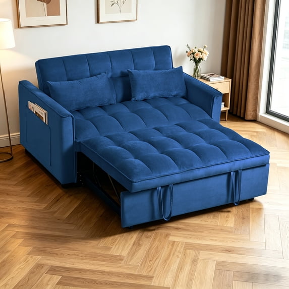 Gewnee Futon Sofa Bed - 52.75" Convertible Sleeper, 3-Mode Adjustable Back, Velvet Upholstery & Side Pockets - Small Space Use (Navy Blue)
