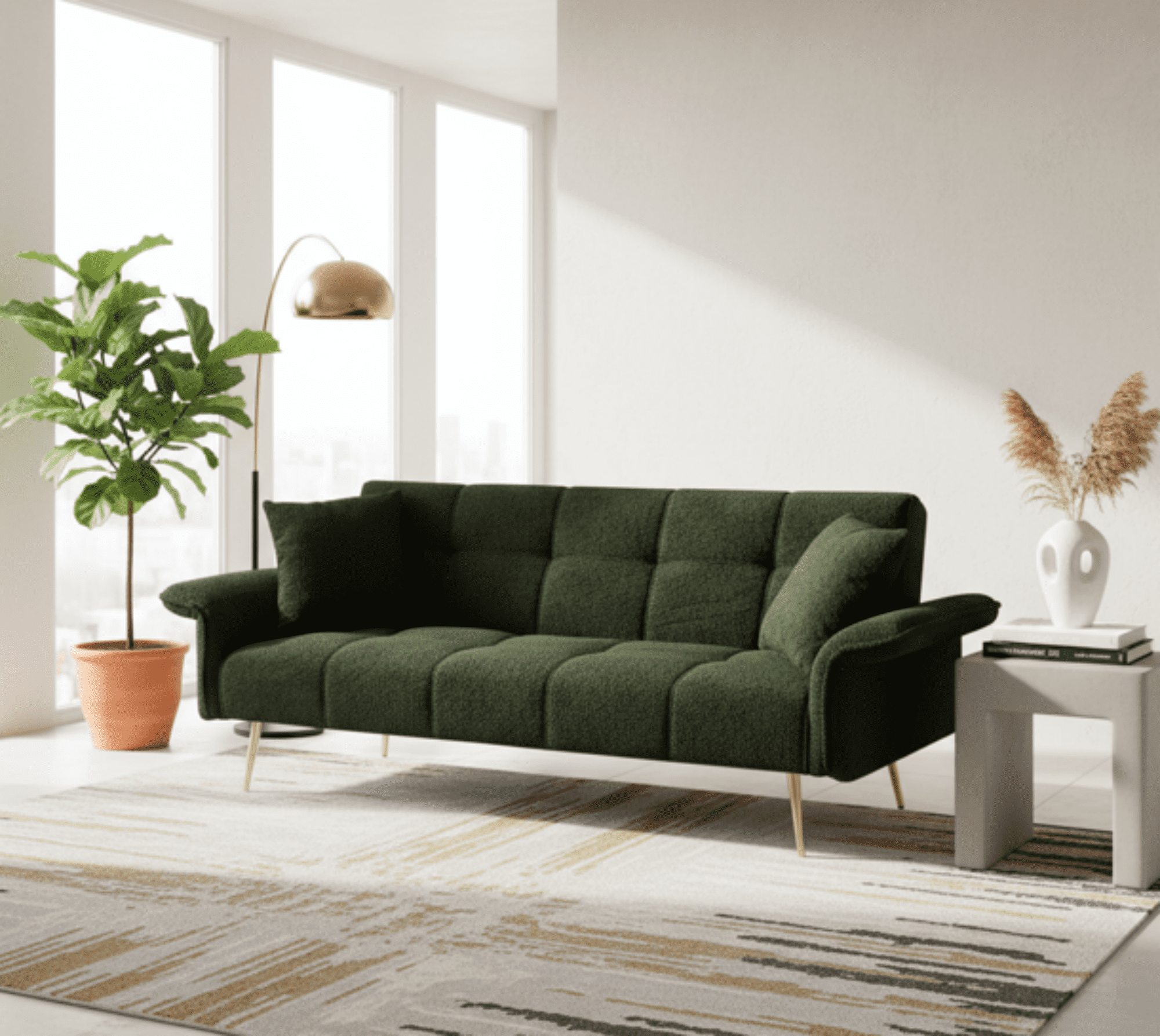 Gewnee Futon Sofa Bed, Convertible Double Sofa Bed with Folding Armrests - Teddy Velvet Fabric & Sturdy Wood Frame for Living Rooms & Small Spaces，Green