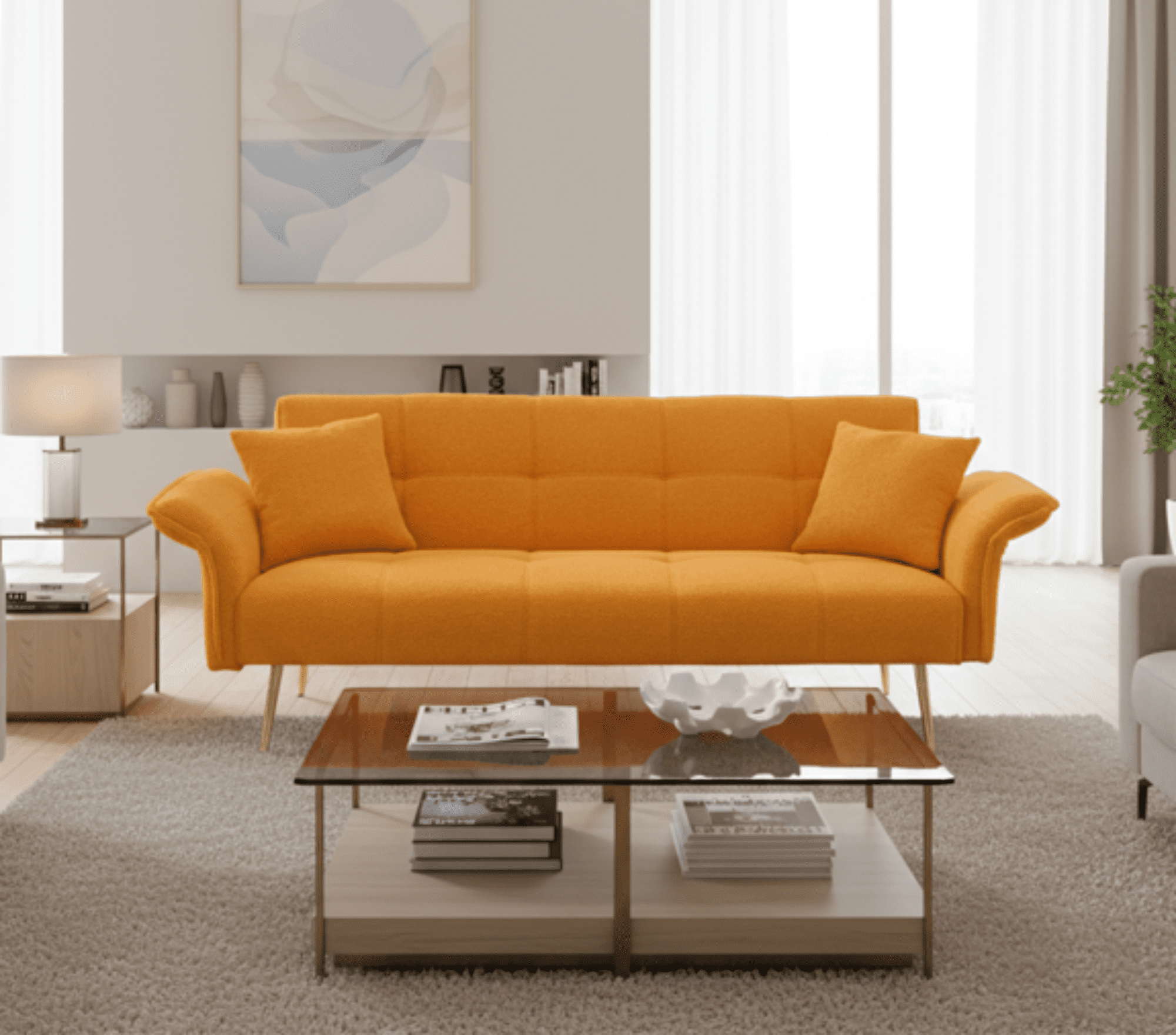 Gewnee Futon Sofa Bed, Convertible Double Sofa Bed with Folding Armrests - Teddy Velvet Fabric & Sturdy Wood Frame for Living Rooms & Small Spaces，Yellow