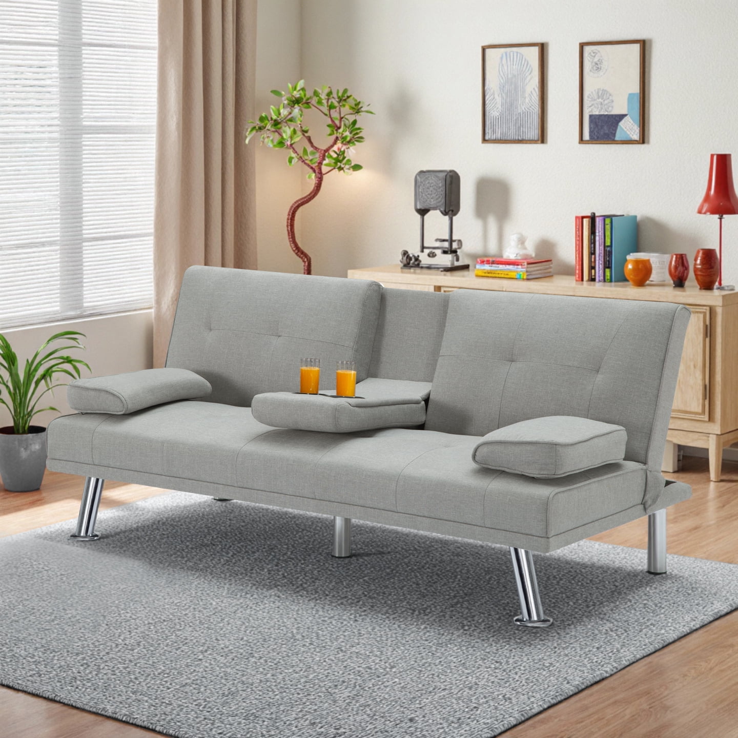 Gewnee 66.3” Futon Sleeper Sofa Bed with 3-Angle Adjustable Backrest,Loveset with 2 Cup Holders for Home,Office,Guest Room(Light Grey）