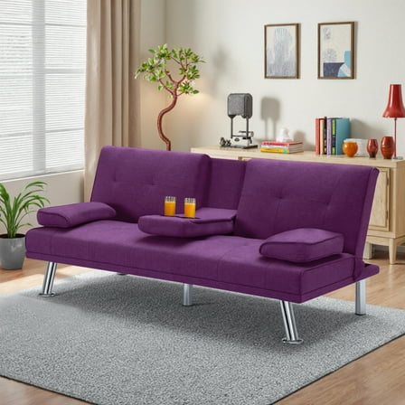 Gewnee 66.3” Futon Sleeper Sofa Bed with 3-Angle Adjustable Backrest,Loveset with 2 Cup Holders for Home,Office,Guest Room(Purple）