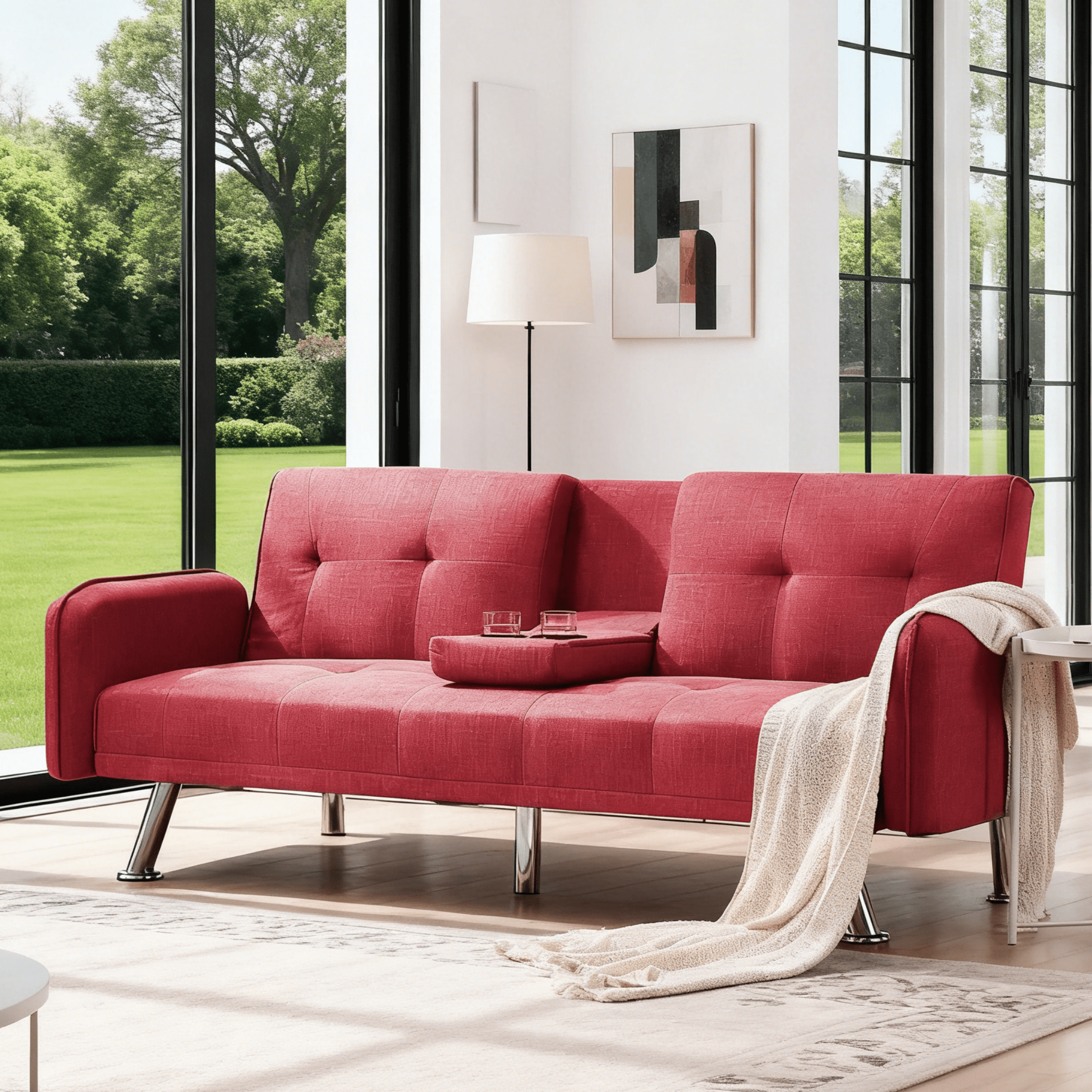 Gewnee 74.4” Futon Sofa Bed with 3-Angle Adjustable Backrest & Cup Holders,Twin Sleeper Sofa with for Home,Office,Guest Room(Red）
