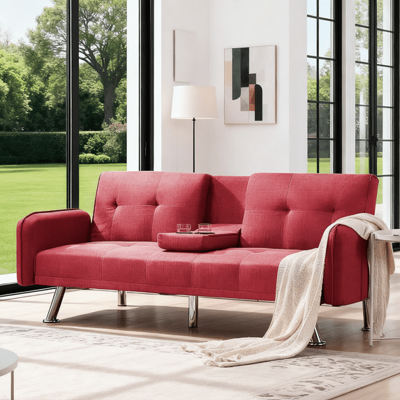 Gewnee 74.4” Futon Sofa Bed with 3-Angle Adjustable Backrest & Cup Holders,Twin Sleeper Sofa with for Home,Office,Guest Room(Red)