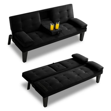 Gewnee Futon Sofa Bed Modern Sofa Couch Convertible Sofa Sleeper for Living Room with 2 Cup Holders, Removable Armrests (Black)