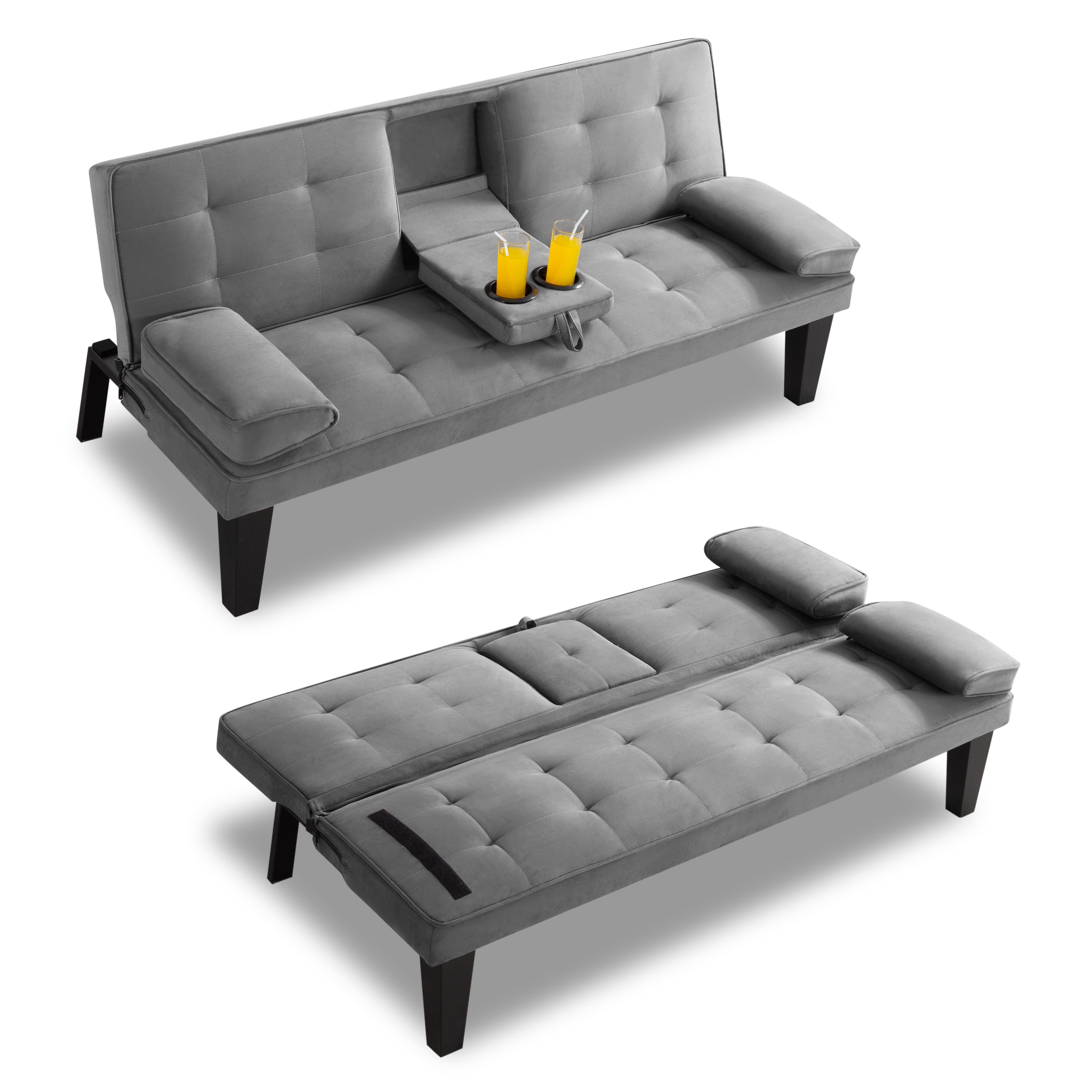 Gewnee Futon Sofa Bed Modern Sofa Couch Convertible Sofa Sleeper for Living Room with 2 Cup Holders, Removable Armrests (Gray)