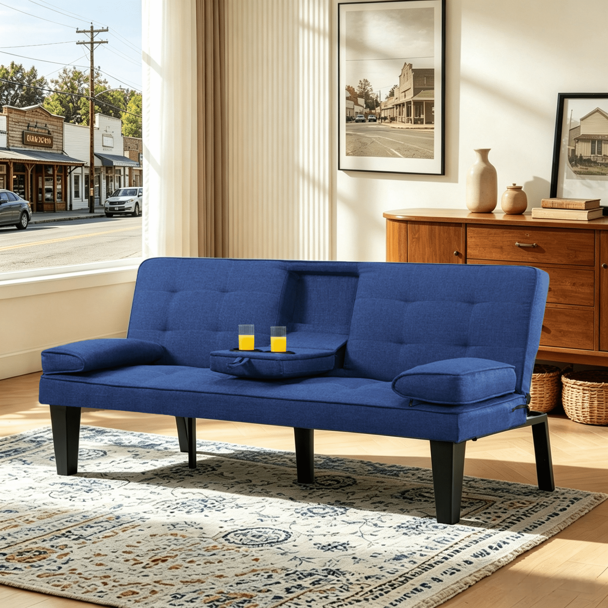 Gewnee 65”Futon Sofa Bed,Modern Convertible Futon Couch with 2 Cup Holders,Removable Armrests,Loveseat Sleeper Sofa Bed for Living Room,Apartment(Navy Blue)
