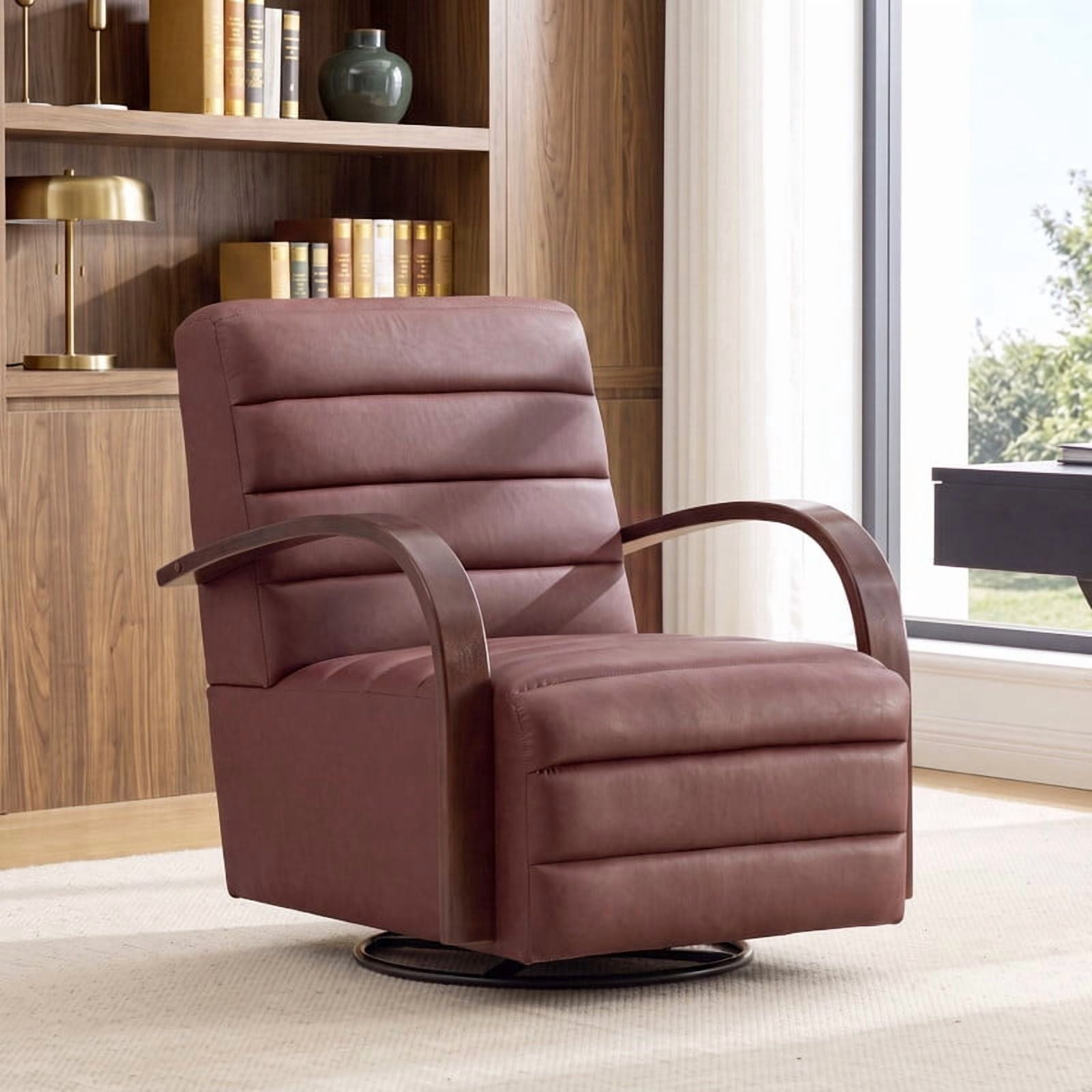 Gewnee Accent Chair, 360°Swivel Upholstered Reading Chair,Modern Armchair for Living Room, Bedroom & Home Office, Brown(Leather)