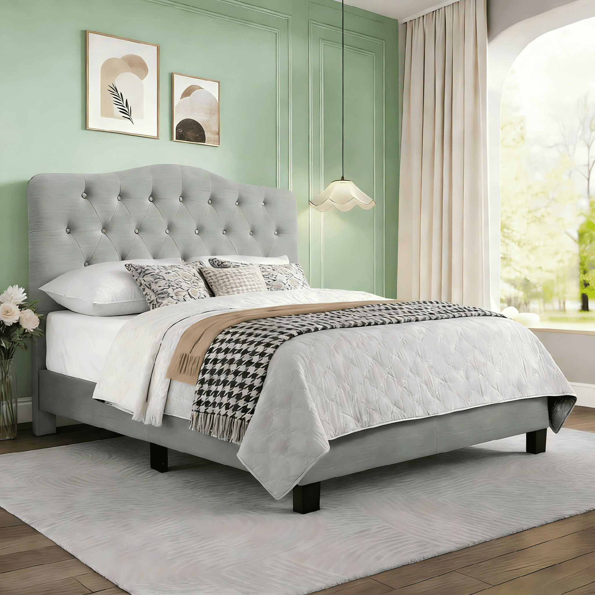 Gewnee Gray King Platform Bed,Linen Fabric Padded Headboard,Solid Wood Slat Support & Sturdy Construction,Ideal for Bedroom,Box Spring Required