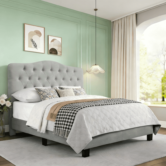 Gewnee Gray Queen Platform Bed,Linen Fabric Padded Headboard,Solid Wood Slat Support & Sturdy Construction,Ideal for Bedroom,Box Spring Required