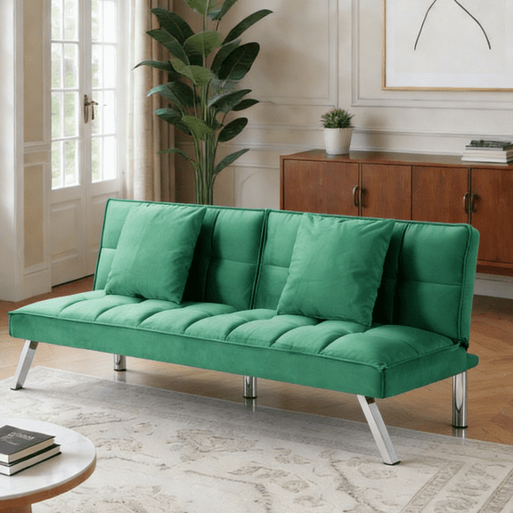 Gewnee Green 67.7” Twin Convertible Sleeper Sofa, Velvet Tufted Split-Back with 2 Toss Pillows for Home Office