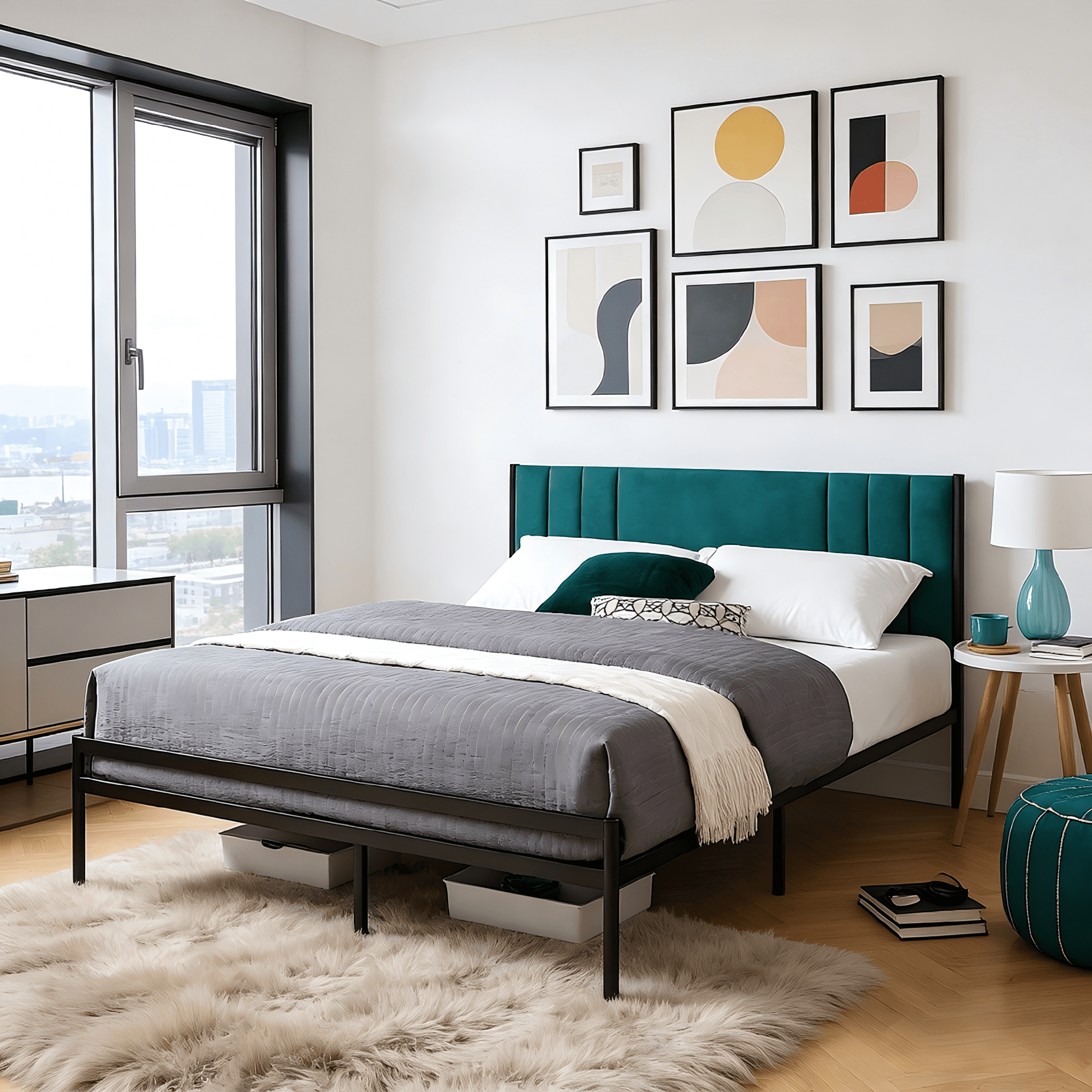Gewnee Green Full Size Upholstered Platform Bed Frame Velvet Headboard Metal Frame Wood Slat Support No Box Spring Required for Bedroom