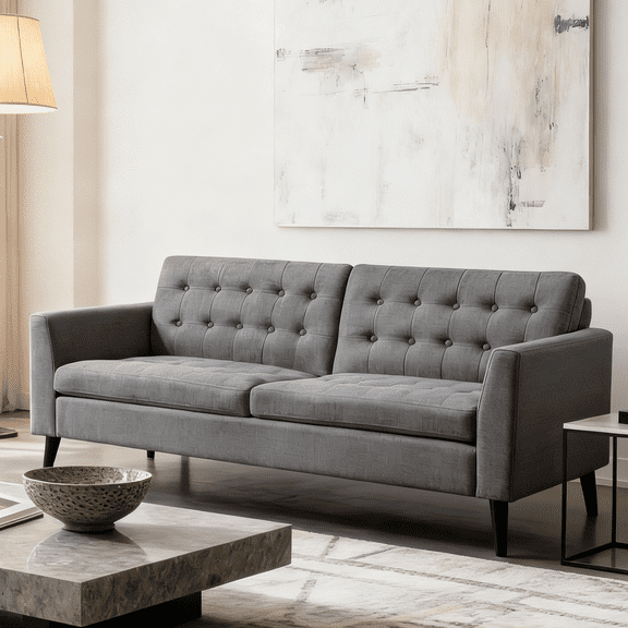 Gewnee Grey 68-Inch Linen Loveseat Sofa - 2-Seater Upholstered Couch with Solid Rubberwood Legs, 100% Linen Fabric & Button-Tufted Backrest for Living Room/Bedroom